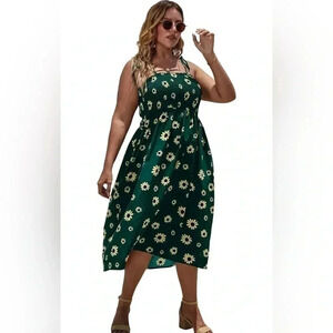 SHEIN VCAY Plus Floral Print Shirred Cami Dress in Dark Green - Size 14 (1XL)